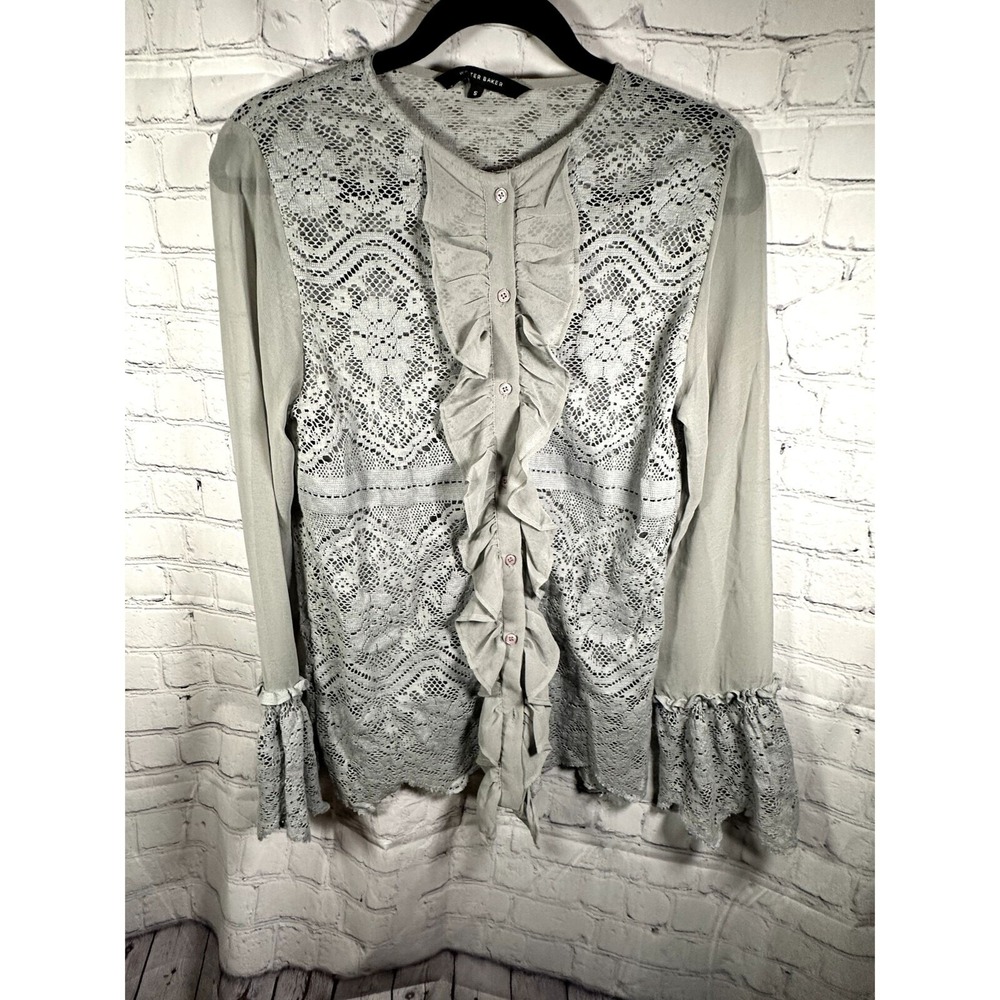 Walter Baker Womens Grey Lace Ruffle Button Front Blouse Sheer Long Sleeve S